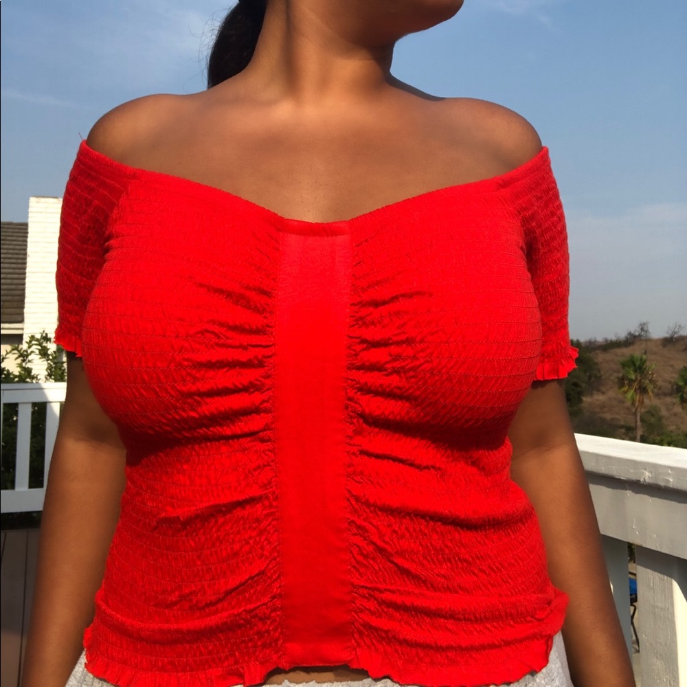 Off the shoulder ruched orange top